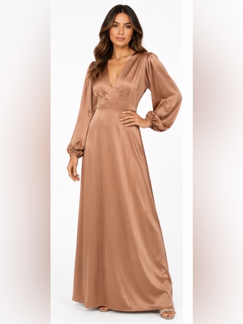 Rosevelvet NWT Mocha Satin Bishop Sleeve Formal Maxi Gown Dress Small